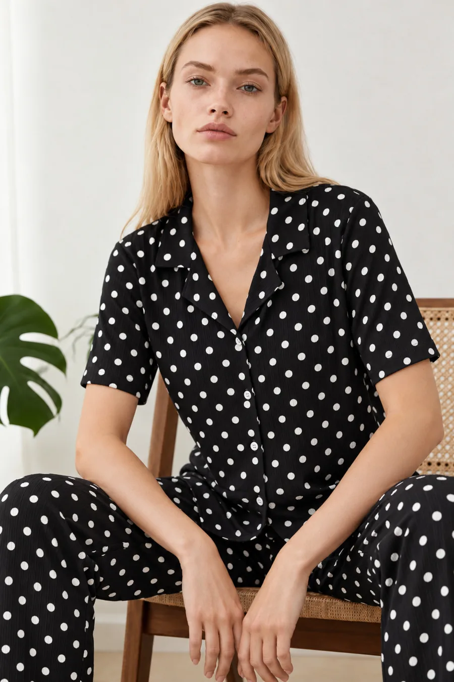 Kadın Desenli Siyah Kısa Kollu Pijama Takımı 4813