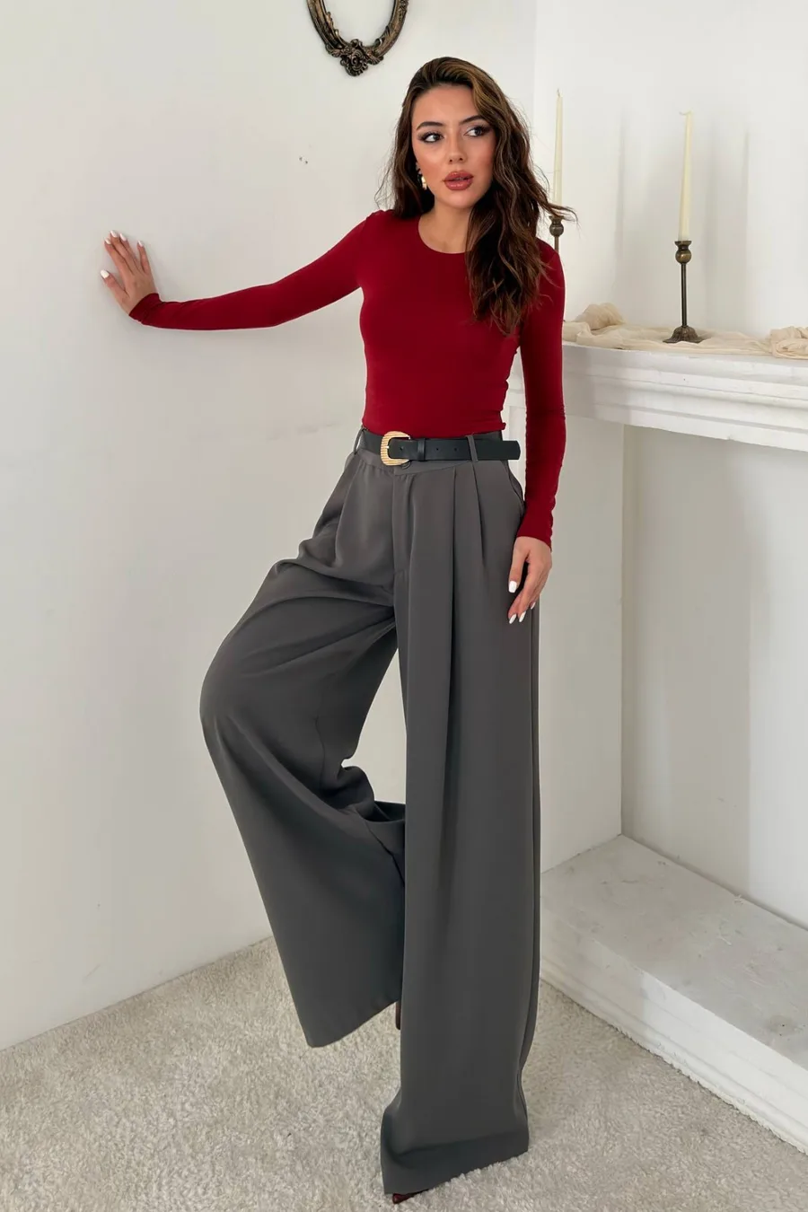 Füme Pileli Comfort Pantolon