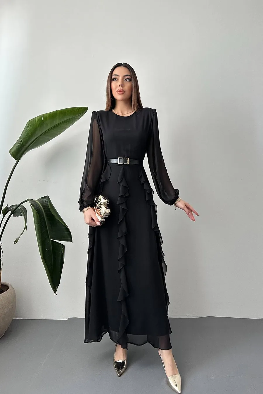 Siyah Kemerli Şifon Elbise - Siyah