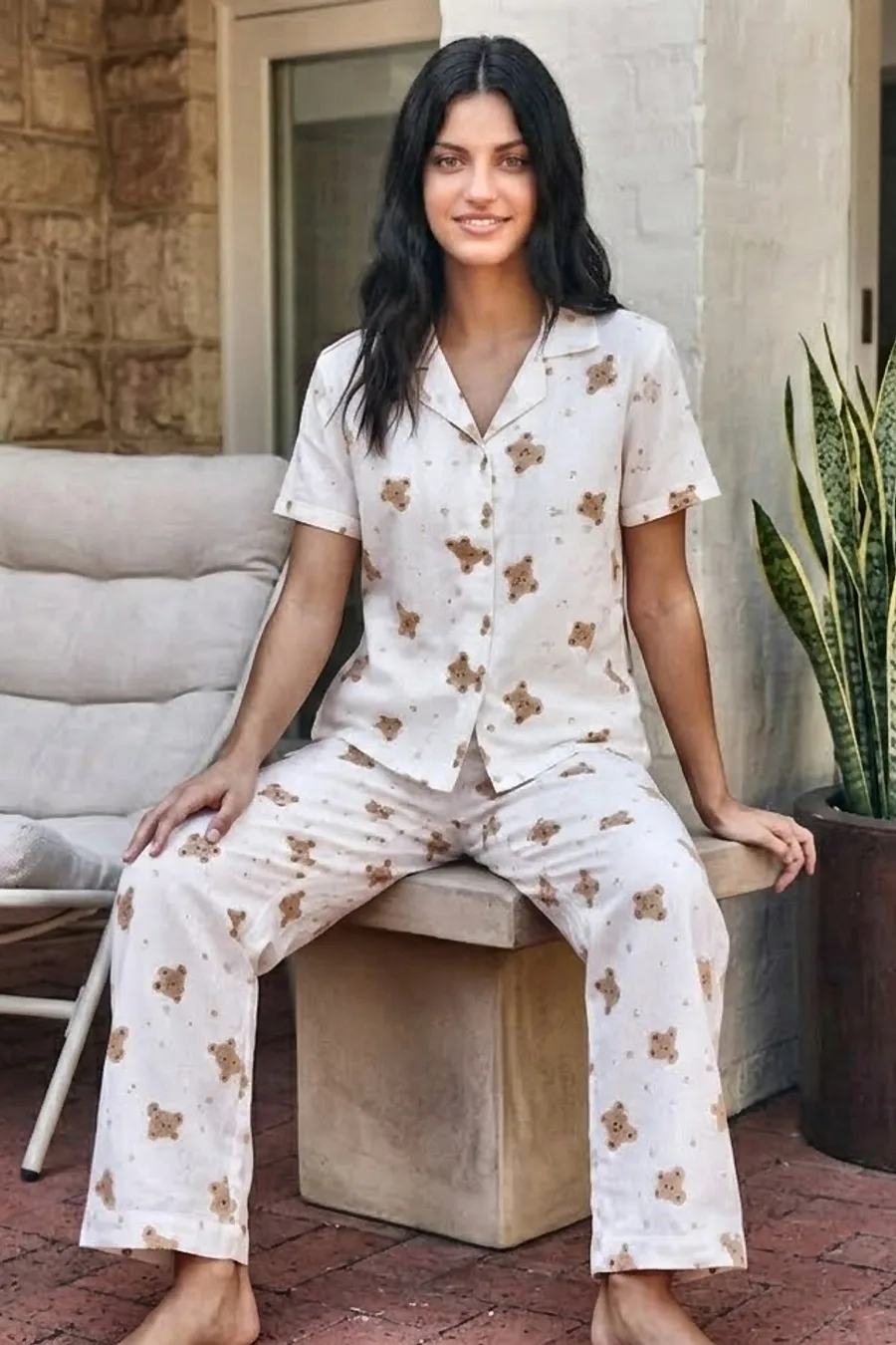 Viskon Karışım Homewear Kırık Beyaz Pijama Takımı