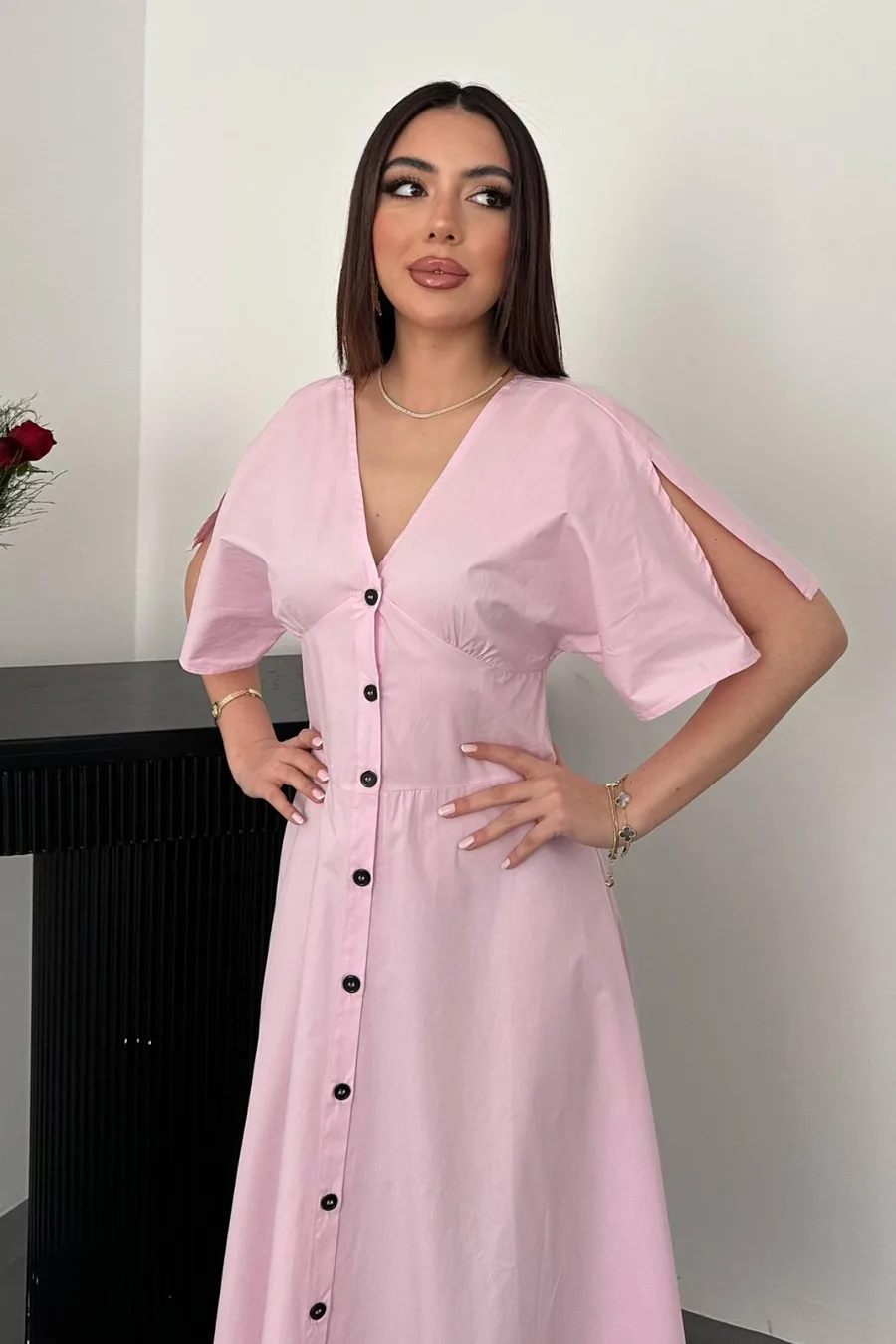 Pembe Düğmeli Midi Boy Poplin Elbise - Pembe