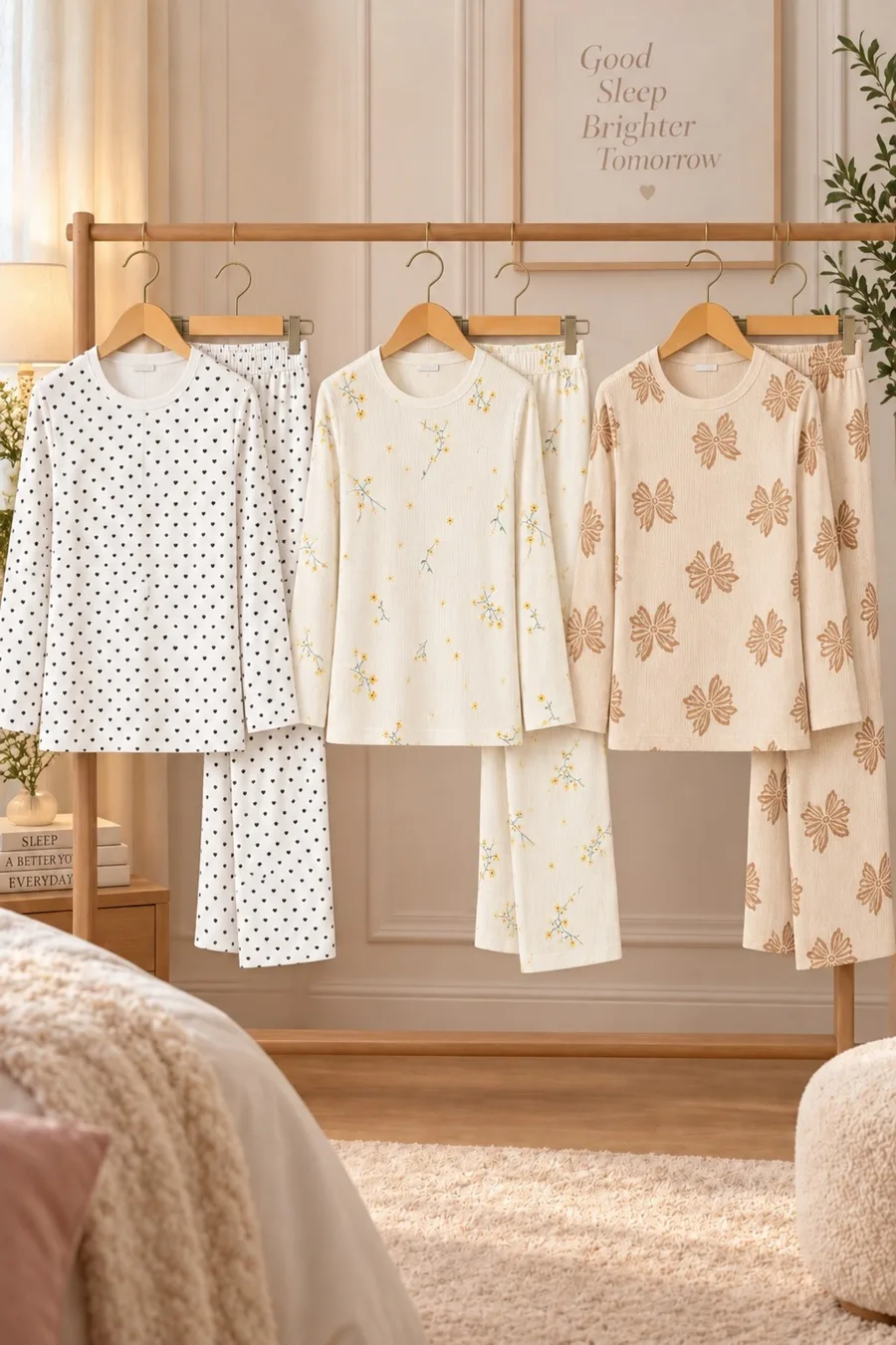 3'Lü Kadın Desenli Uzun Kollu Pijama Takımı Ekru