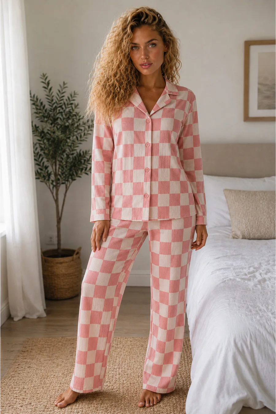 Kadın Örme Gömlek Yaka Pembe Pijama Takımı