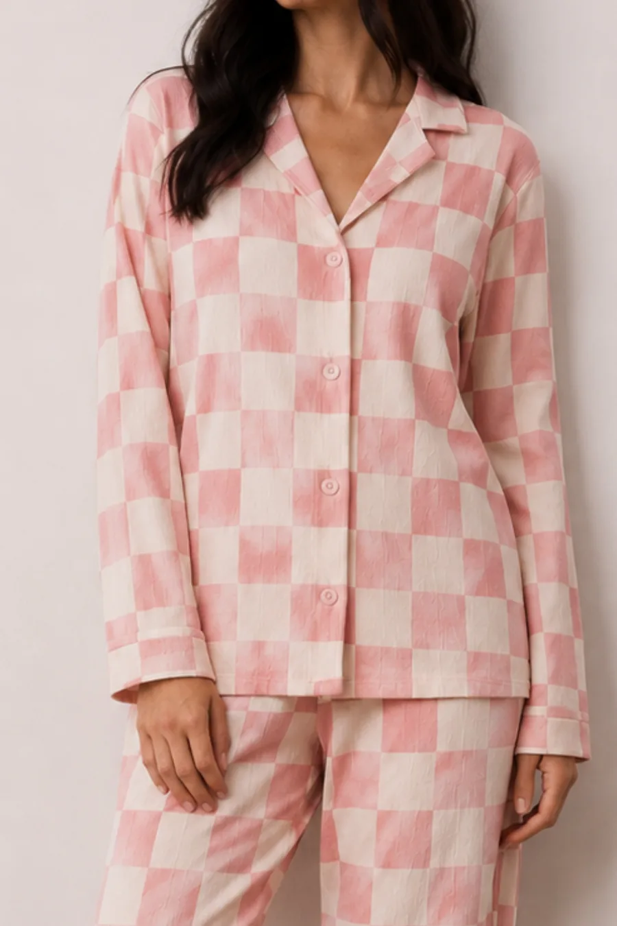 Kadın Düğmeli Kışlık Ev Pembe Pijama Takımı