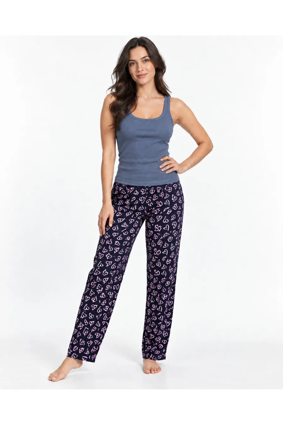 Kadın Çizgili Bluz Desenli Askılı Gri Pijama Takımı