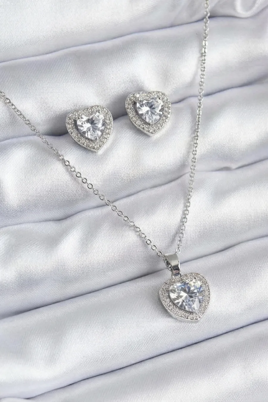 316L Steel Chain Silver Color Zircon Stone Heart Model Women's Necklace Earring Set