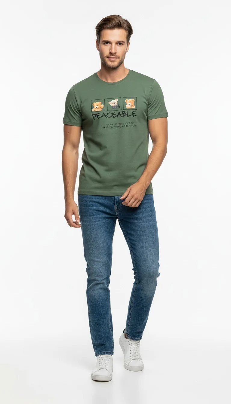 Erkek Günlük Stil Baskılı T-Shirt - Yeşil
