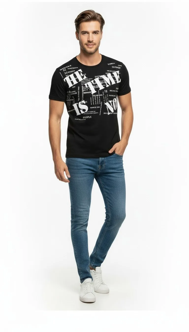 Erkek Grafik Yazı Baskılı Sokak Stil T-Shirt