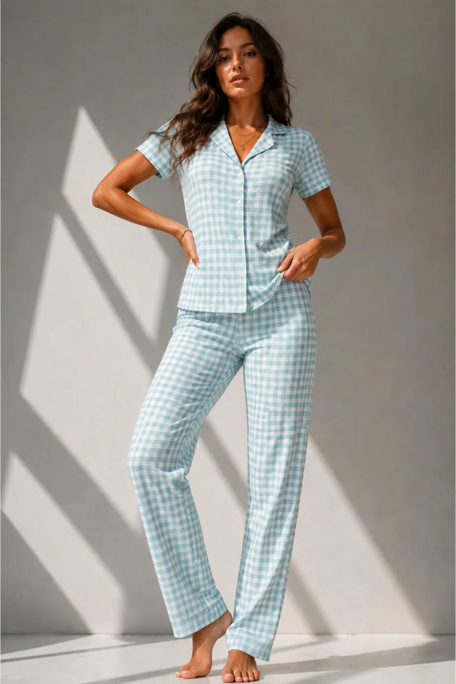 Kadın Klasik Doğal Düğme Gece Su Yeşili Pijama Takımı
