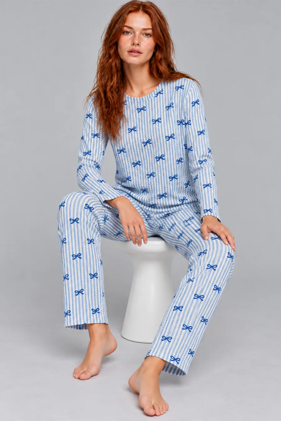 Kadın Desenli İkili Mavi Rahat Pijama Takımı 4815
