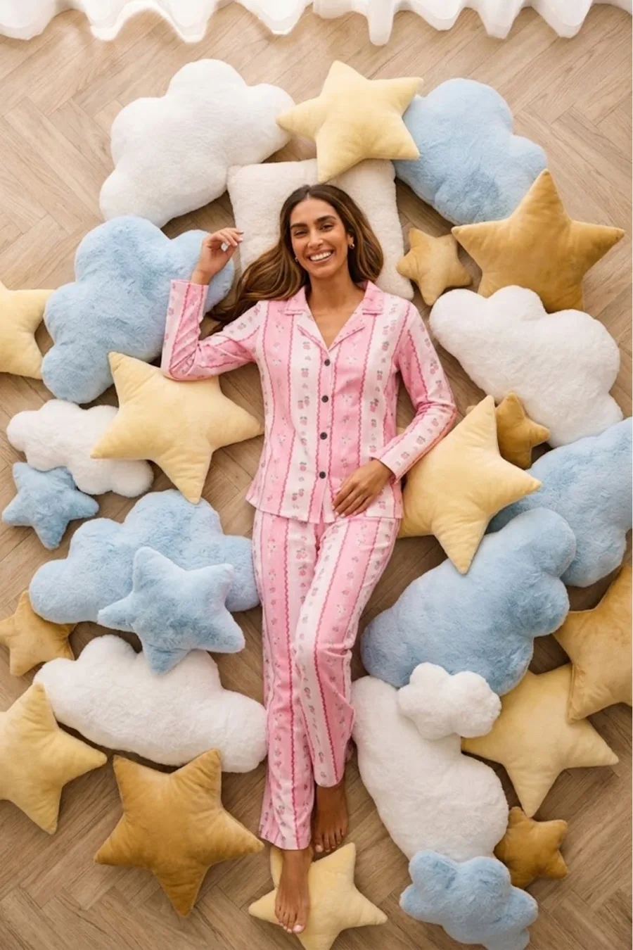 Kadın Önden Düğmeli Uzun Kollu Alt Üst Pembe Pijama Takımı