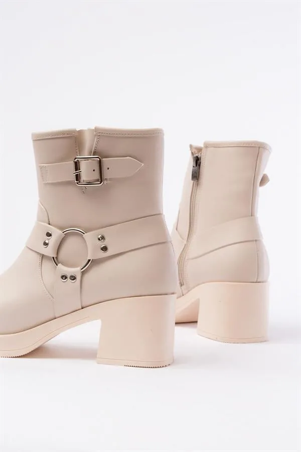 Kadın Koruma Aksesuarlı Bootie Fermuarlı Kalın Bot Bot Topuklu Toka &