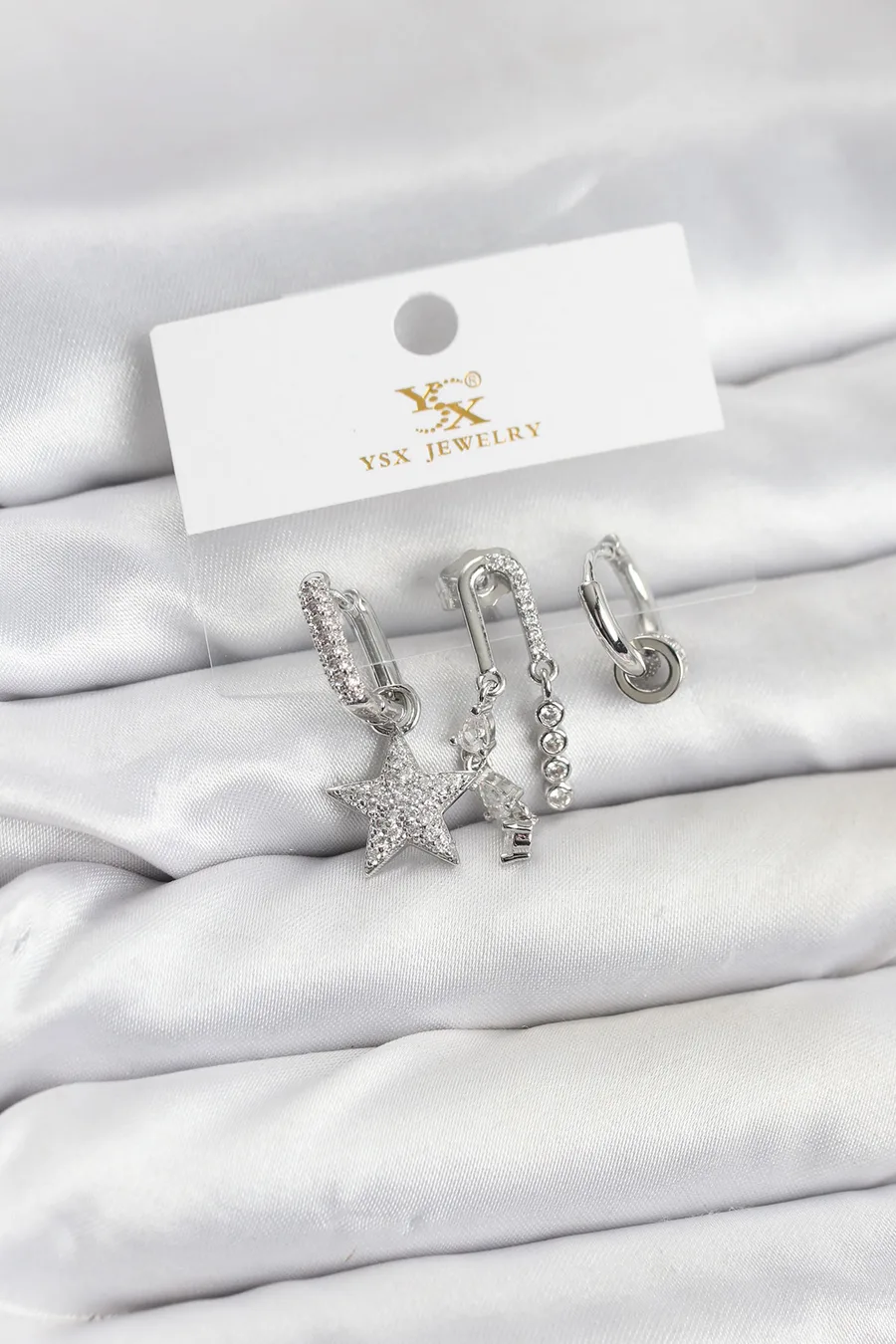 Pirinç Gümüş Renk Zirkon Taşlı Yıldız Vintage Model YSX Trio Küpe Seti