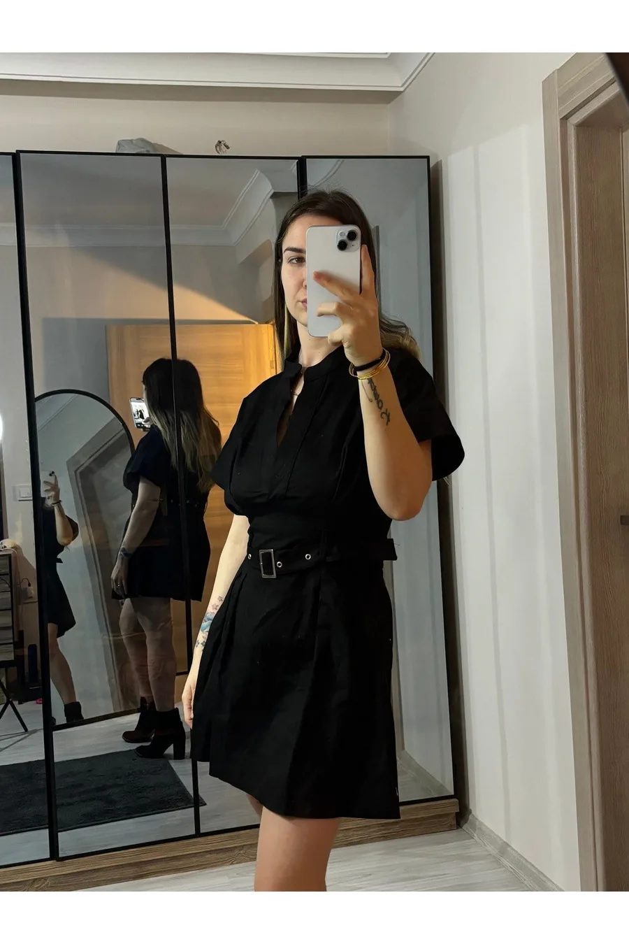 ZR Model Gabardin Kumaş Kemerli Mini Elbise - Siyah