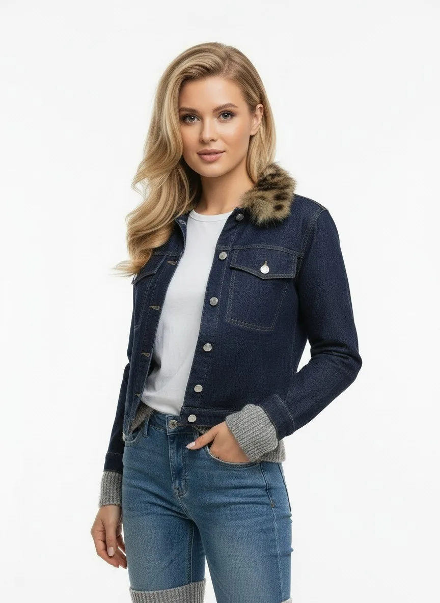 Kürk Yaka Detaylı Premium Denim Ceket – Modern Kesim Şık Jean Ceket - Mavi