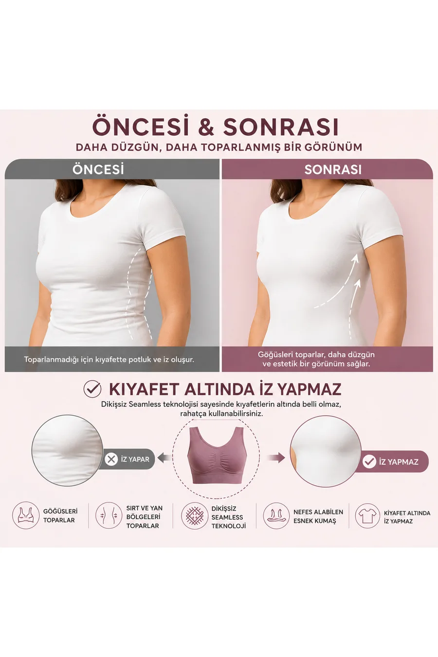 Kadın Gül Kurusu Dikişsiz Kalın Askılı Pedsiz Balensiz Büstiyer 5050