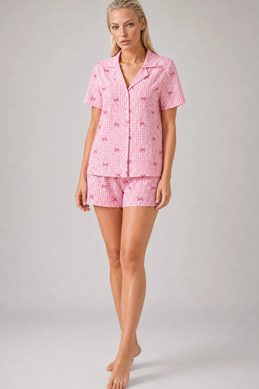 Kadın Pembe Ekose Fiyonk Desenli Kısa Kollu Şortlu Pijama Takımı 4634