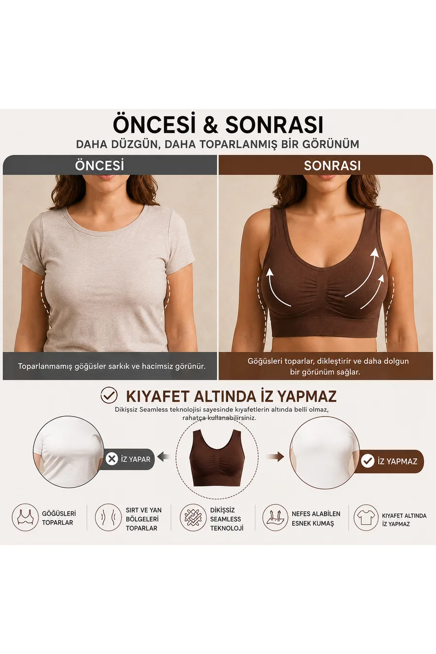 Kadın Kahverengi Dikişsiz Kalın Askılı Pedsiz Balensiz Büstiyer 5050