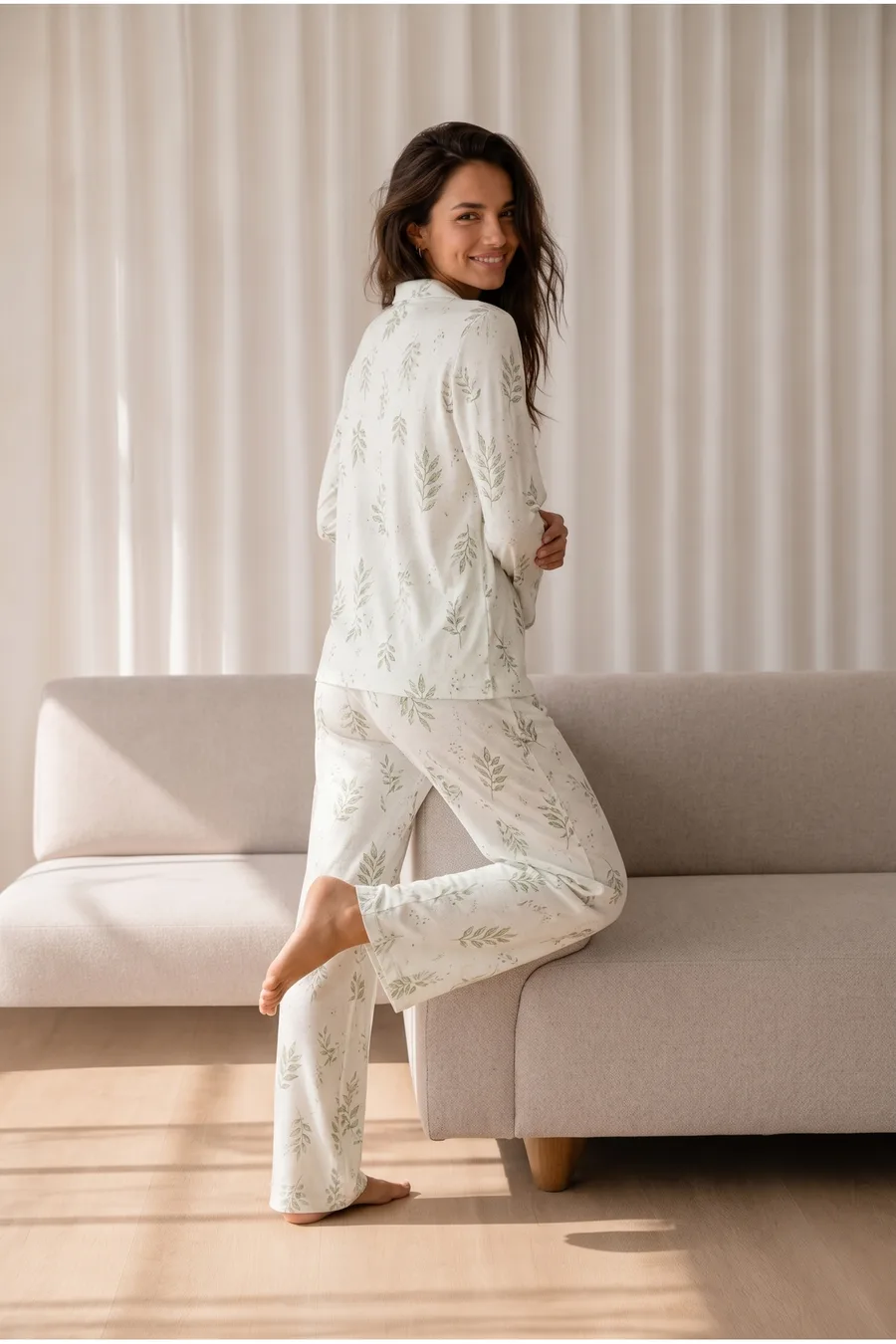 Kadın Desenli Basic Kış Çağla Yeşili Pijama Takımı