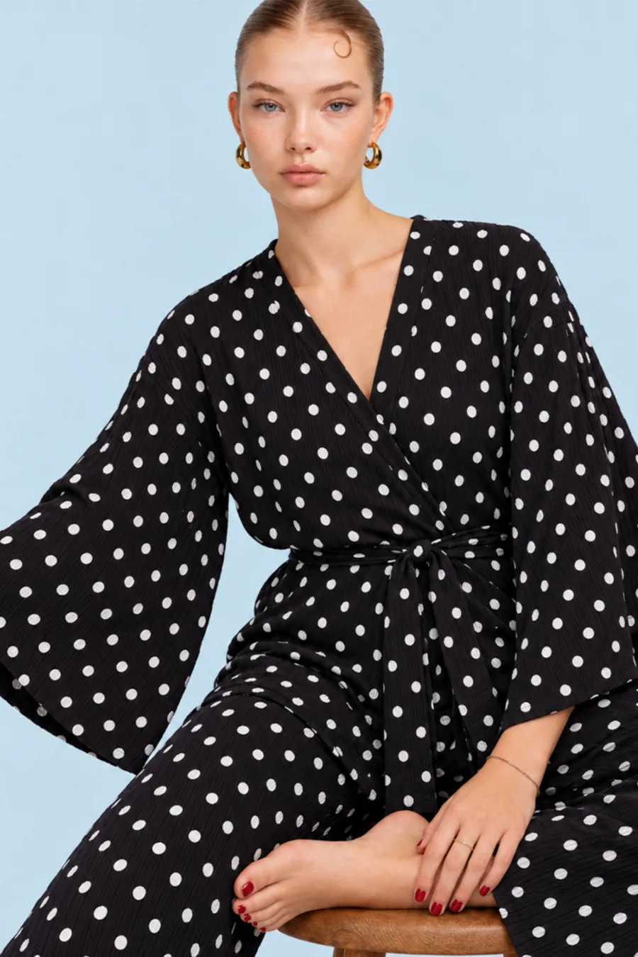 Kadın Kruvaze Kuşaklı Siyah İkili Pijama Takımı 4803