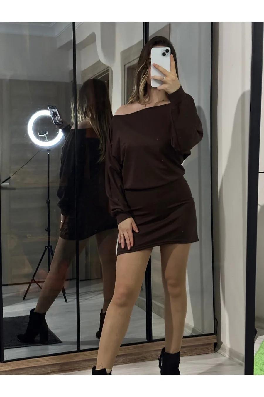 Modal Kumaş Kayık Yaka Mini Elbise - Turuncu