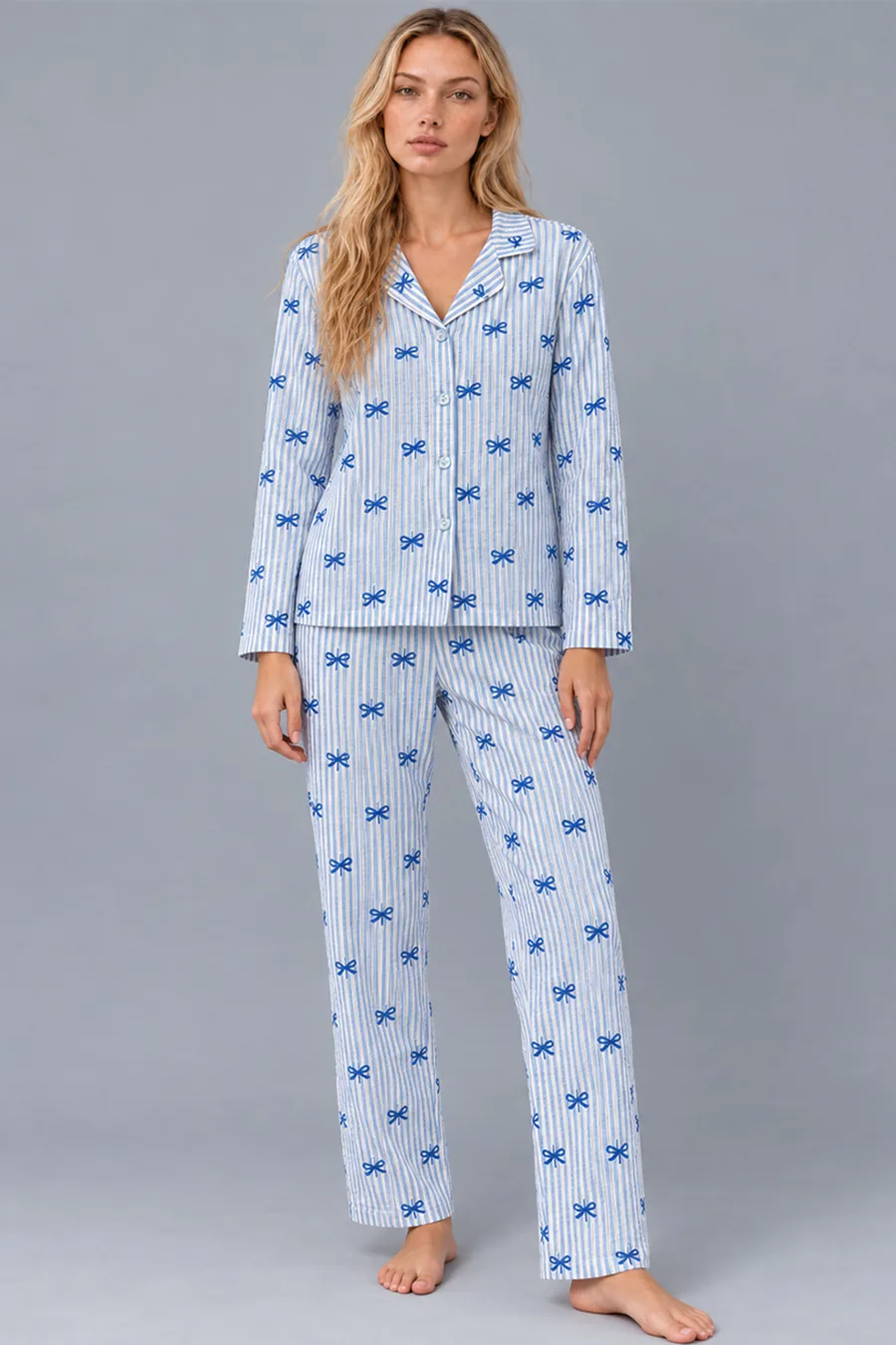 Kadın Gömlek Yaka Desenli Mavi Pijama Takımı 4816