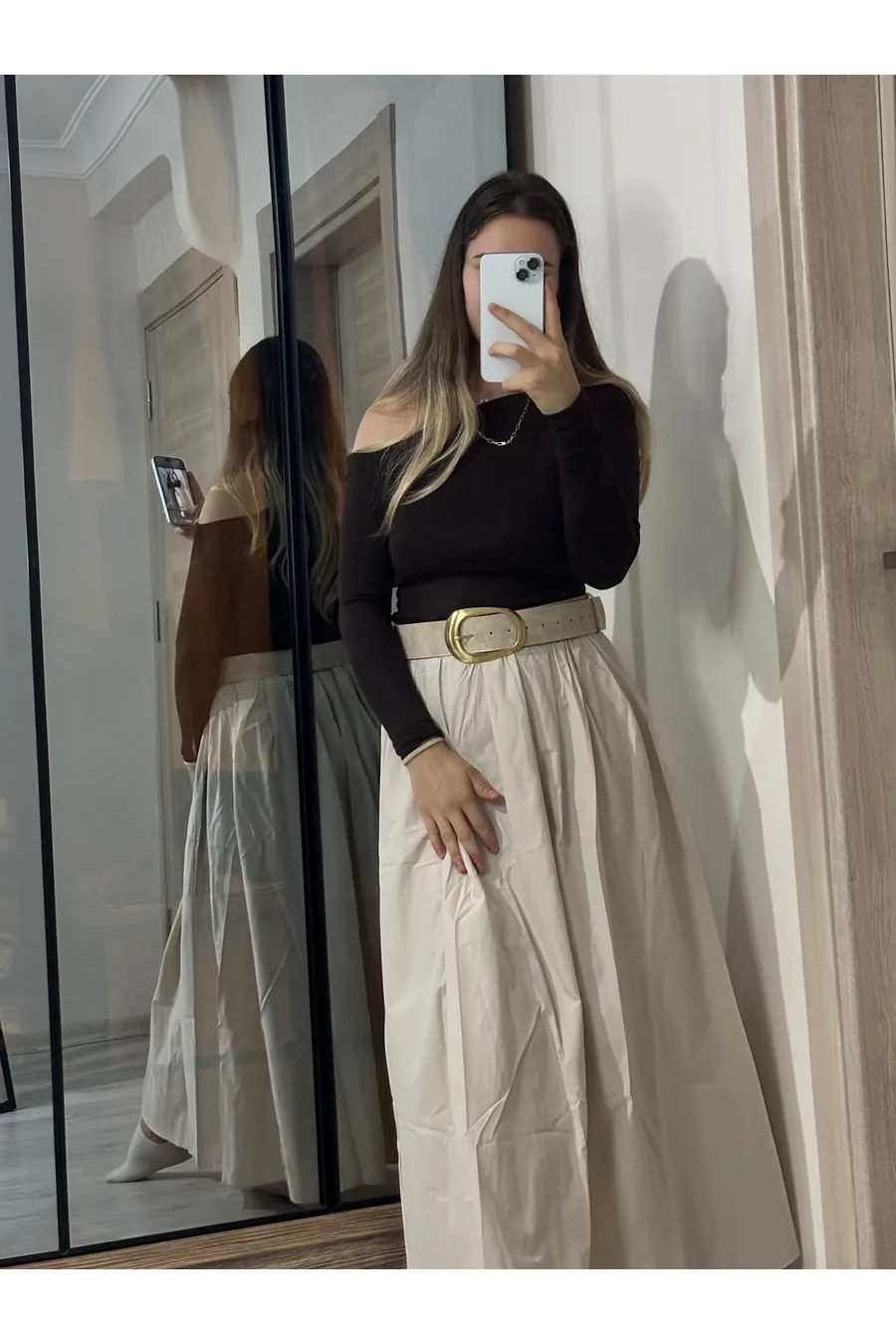 Ekru Poplin Beli Lastikli Cepli Piliseli Etek