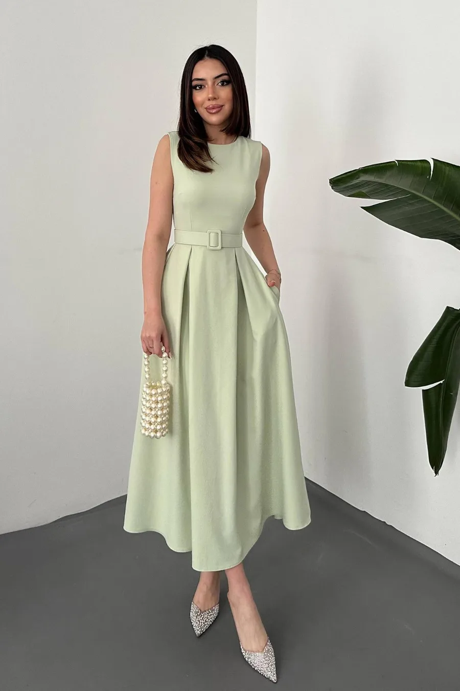 Mint Halter Yaka Kloş Elbise