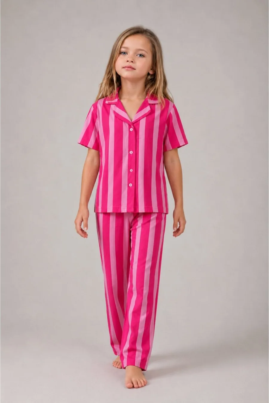 Kız Çocuk Çizgili Gecelik Pembe Pijama Takımı