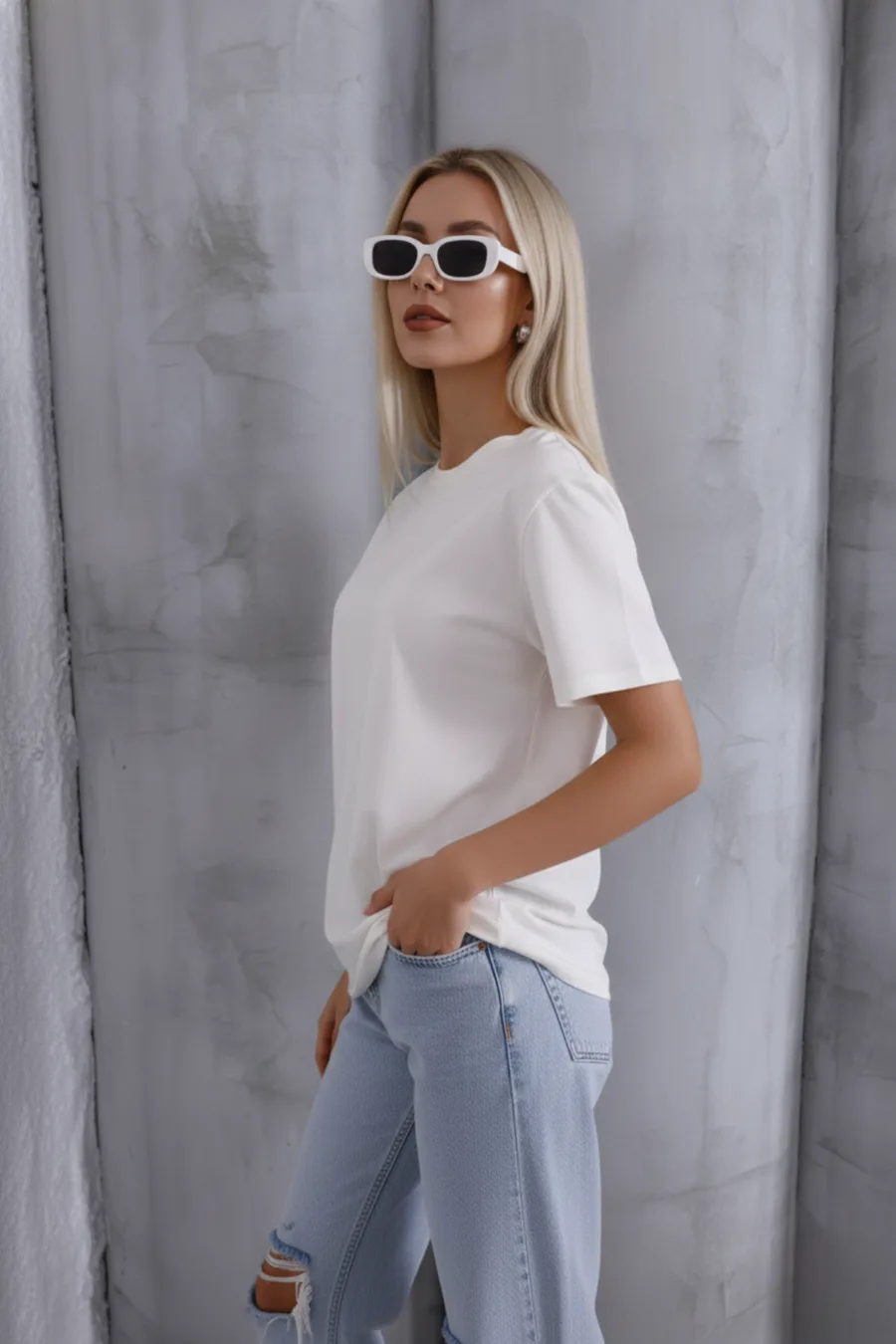 Kadın Oversize T-Shirt Basic Dokulu Pamuklu Kalıp Yaka Yumuşak Bisiklet Ekru