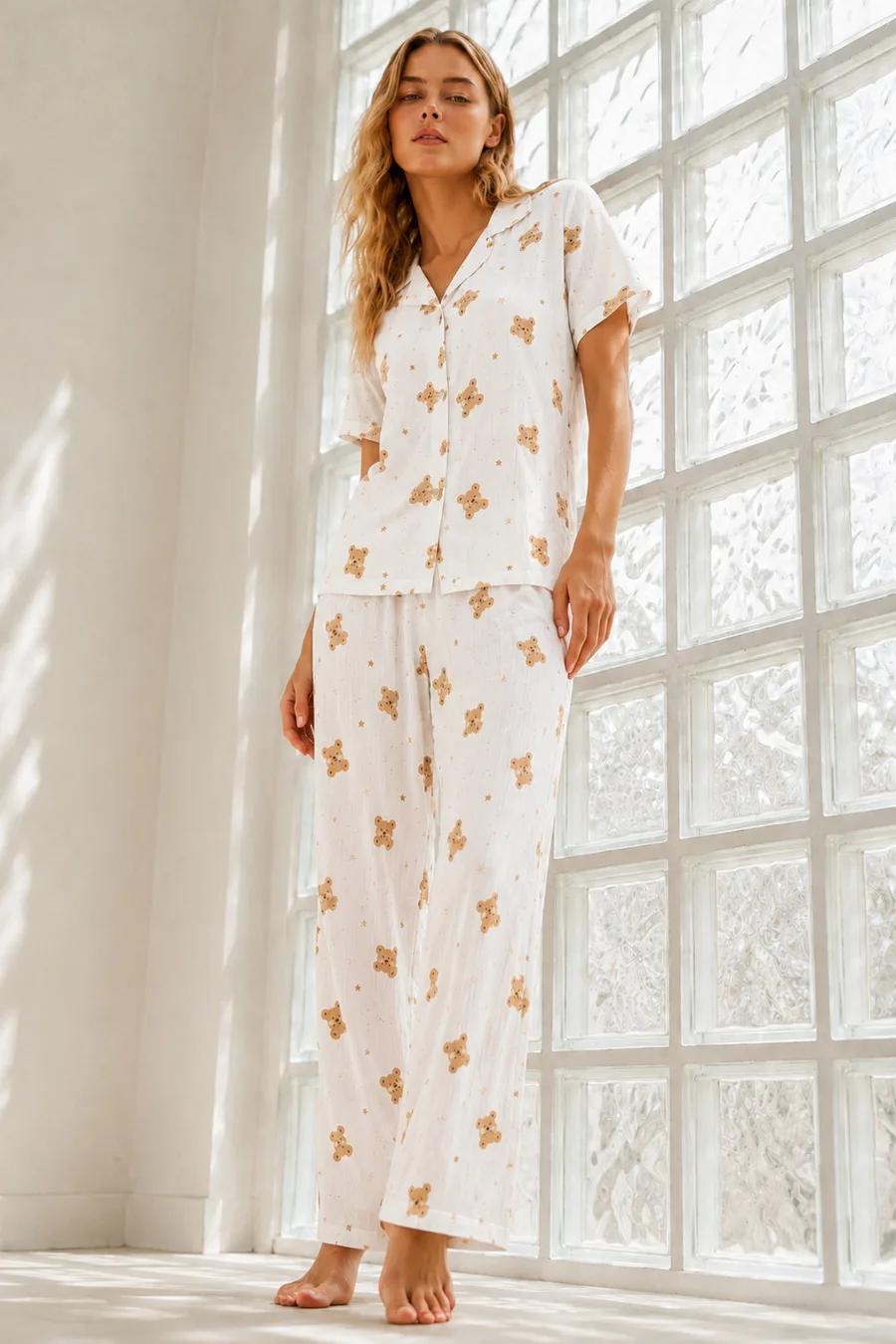 Kadın Genç Loose İpliği Boyalı Kırık Beyaz Pijama Takımı