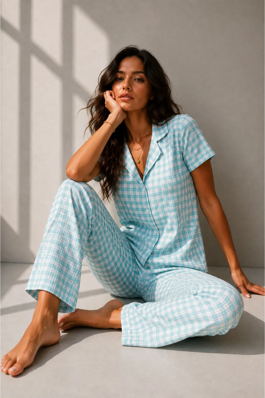 Kadın Klasik Doğal Düğme Gece Su Yeşili Pijama Takımı