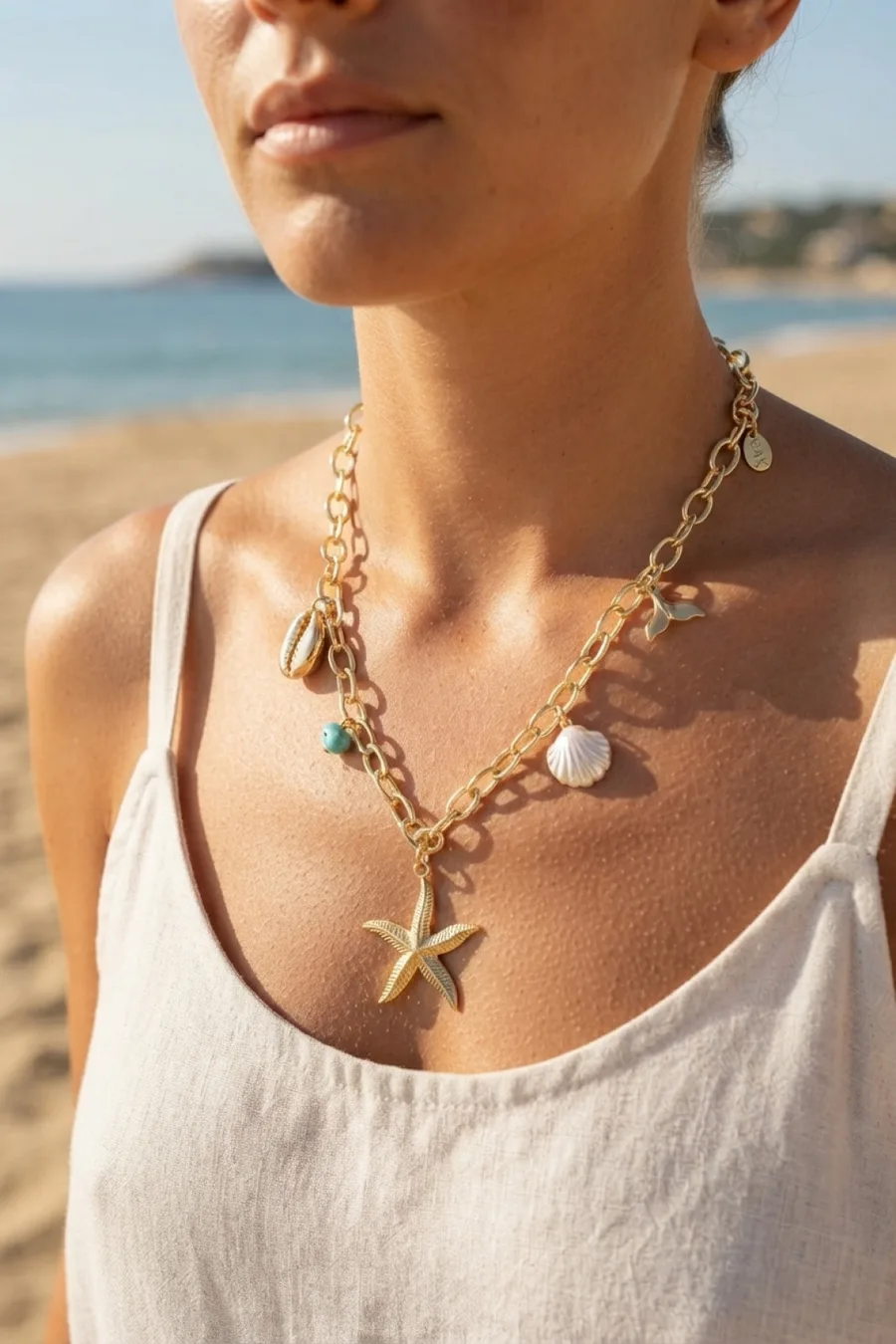 Starfish Charm Detailed Gold Color Chain Necklace