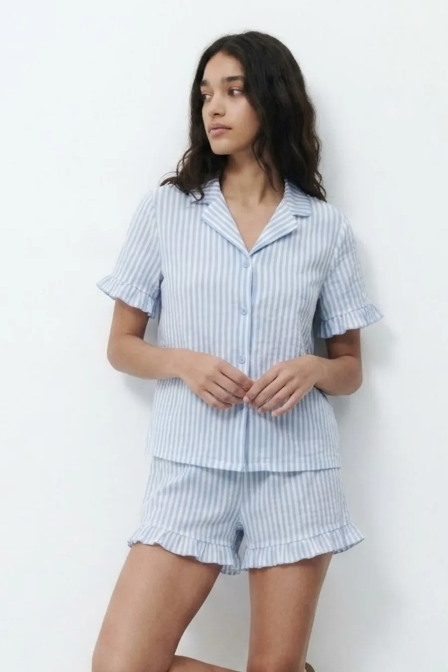 Kadın Desenli Trend Mavi Pijama Takımı