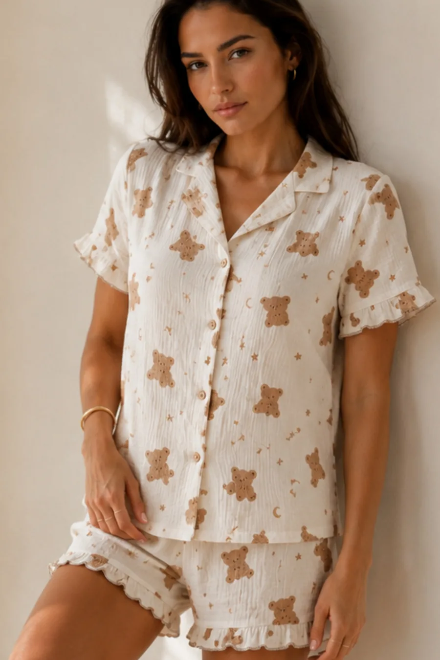 Kadın Düz Pamuk Homewear Kar Beyaz Pijama Takımı