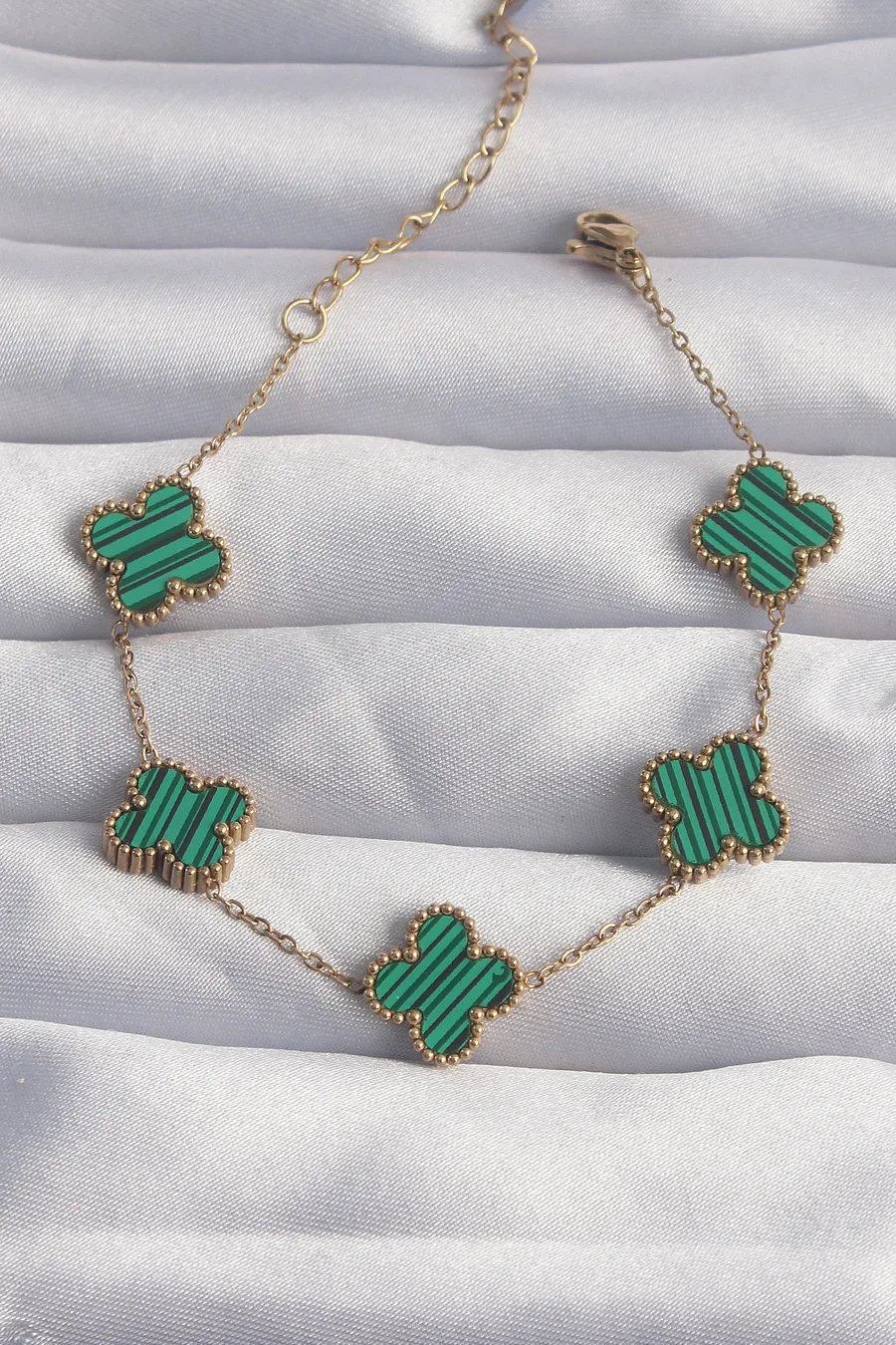 316L Steel Gold Tone Striped Green Enamel Clover Bracelet