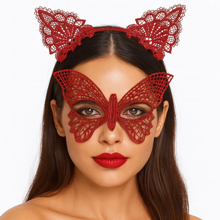Gösterişli Kırmızı Dantel Maske ve Taç Seti 7 No – Masquerade ve Detler için