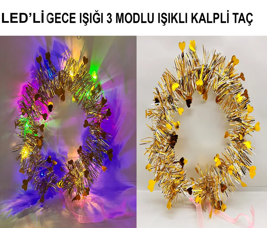 Kalp Püsküllü Gece Parıltısı 3 Modlu LED'li Işıklı Taç Altın Renk