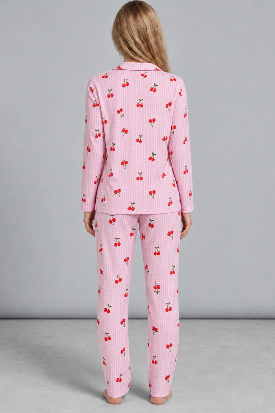 Kadın Kiraz Desenli Pötikare Pembe Pijama Takımı 4793