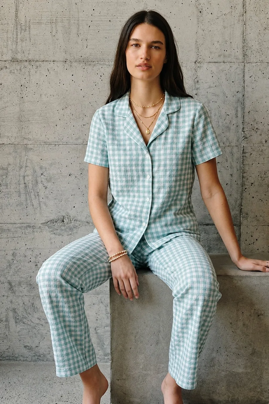 V Yaka Düğmeli Casual Su Yeşili Pijama Takımı
