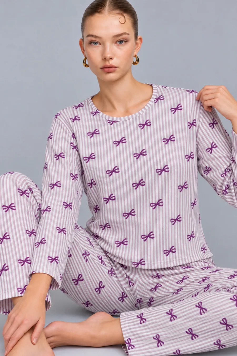Kadın Çizgili Rahat Desenli İkili Mor Pijama Takımı 4809