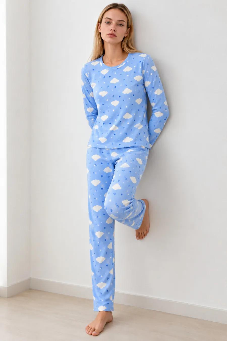 Kadın Kışlık Trend Mavi Gecelik Pijama Takımı 4833
