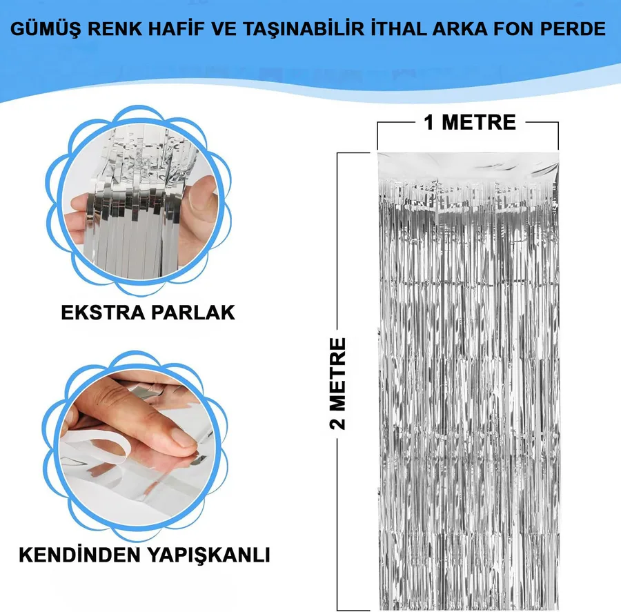 Gümüş Renk Ekstra Metalize Parlak aklı Arka Fon Perde İthal A Kalite 1x2 Metre