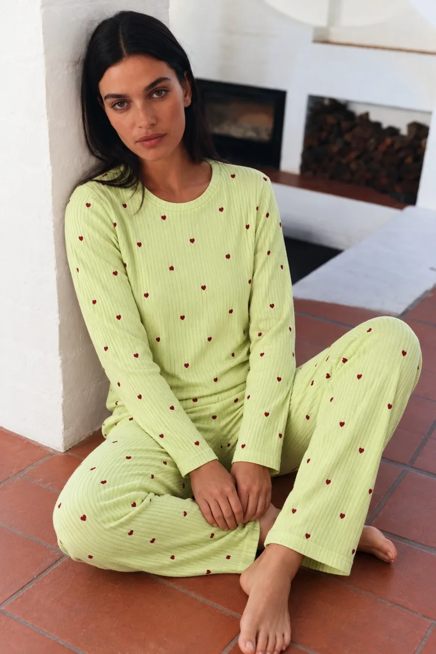 Kadın Desenli Uzun Kollu Rahat Yeşil Pijama Takımı