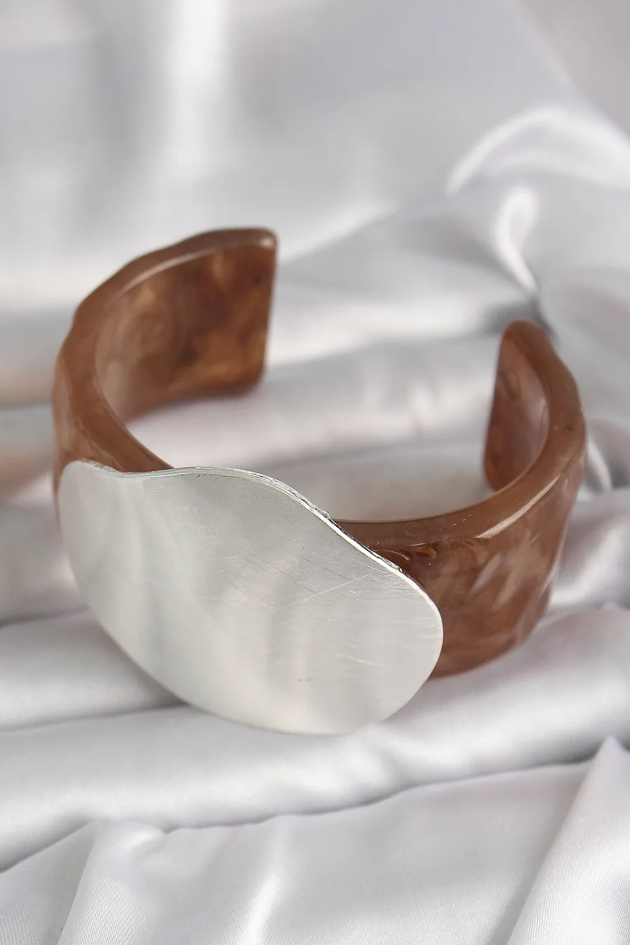 Brown Marble Pattern Acrylic Plastic Silver Plate Model Vintage Women Bracelet