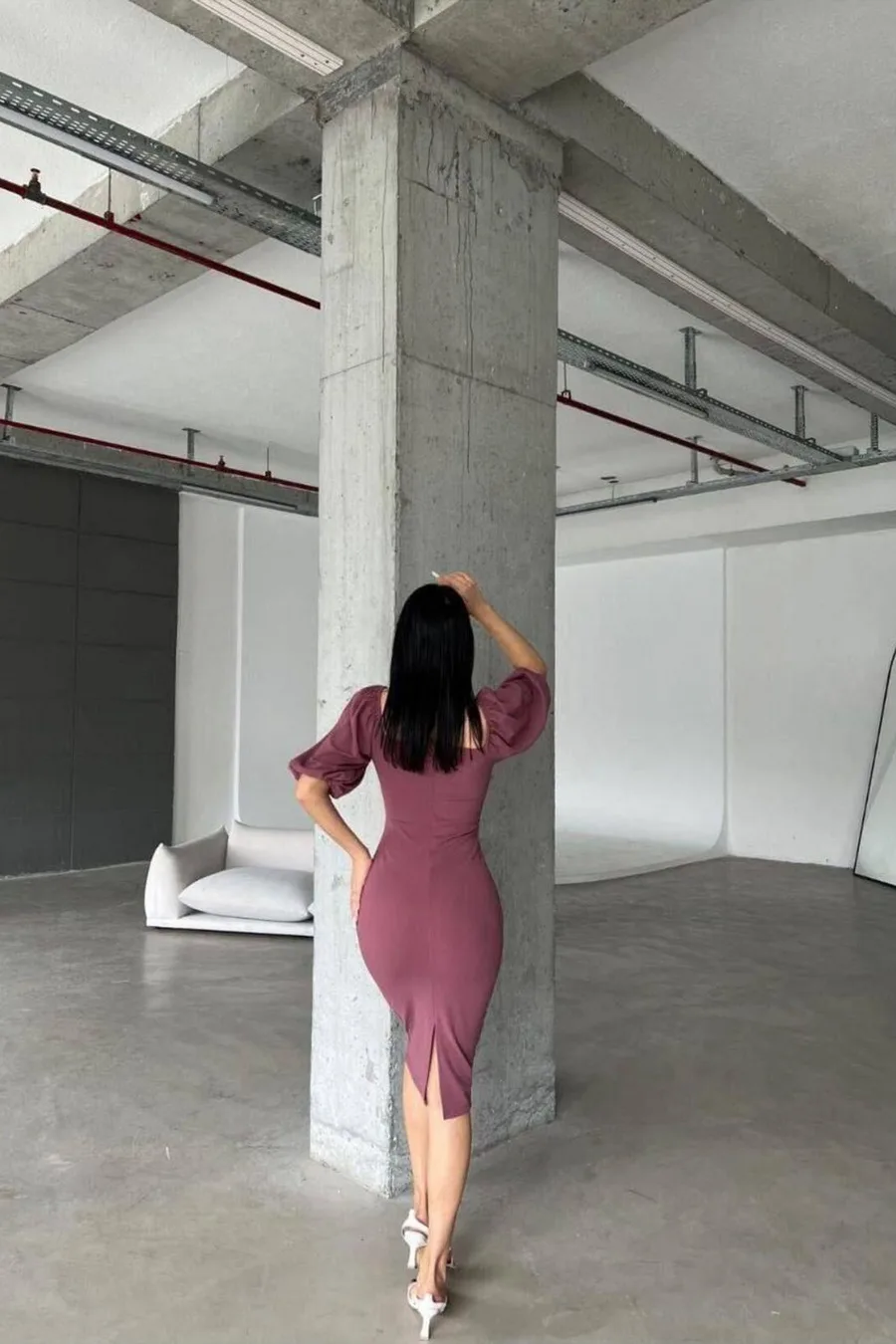 Krep Yaka Abiye Kumaş Kemerli Elbise V