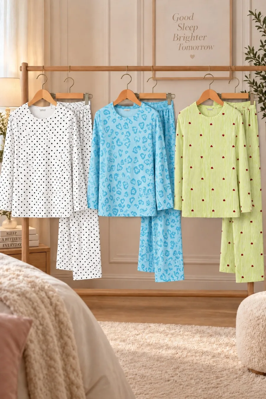 3'Lü Kadın Desenli Uzun Kollu Pijama Takımı Beyaz