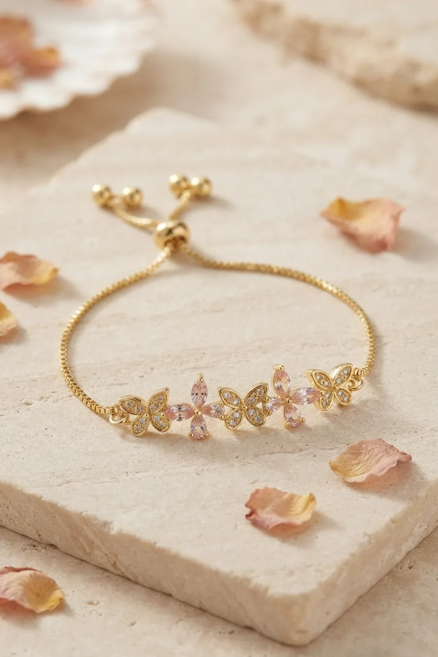 Kelebek Model Gold Renk Zirkon Taşlı Asansörlü Kadın Bileklik