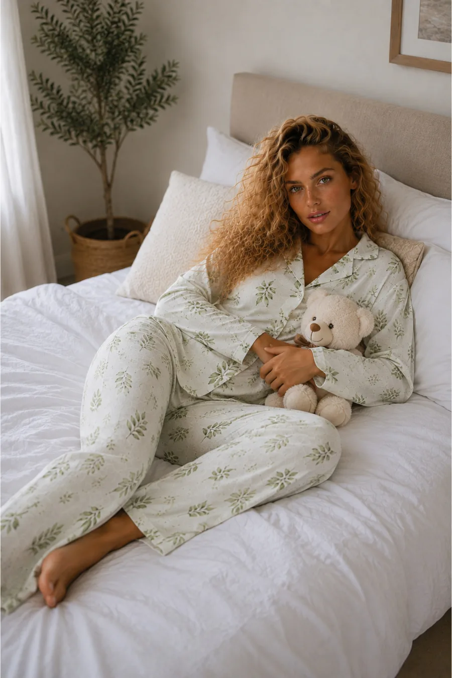 Kadın Örme Gömlek Yaka Çağla Yeşili Pijama Takımı