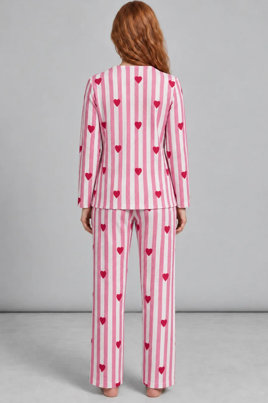 Kadın Kalpli Rahat Kalıp İkili Pembe Pijama Takımı 4768